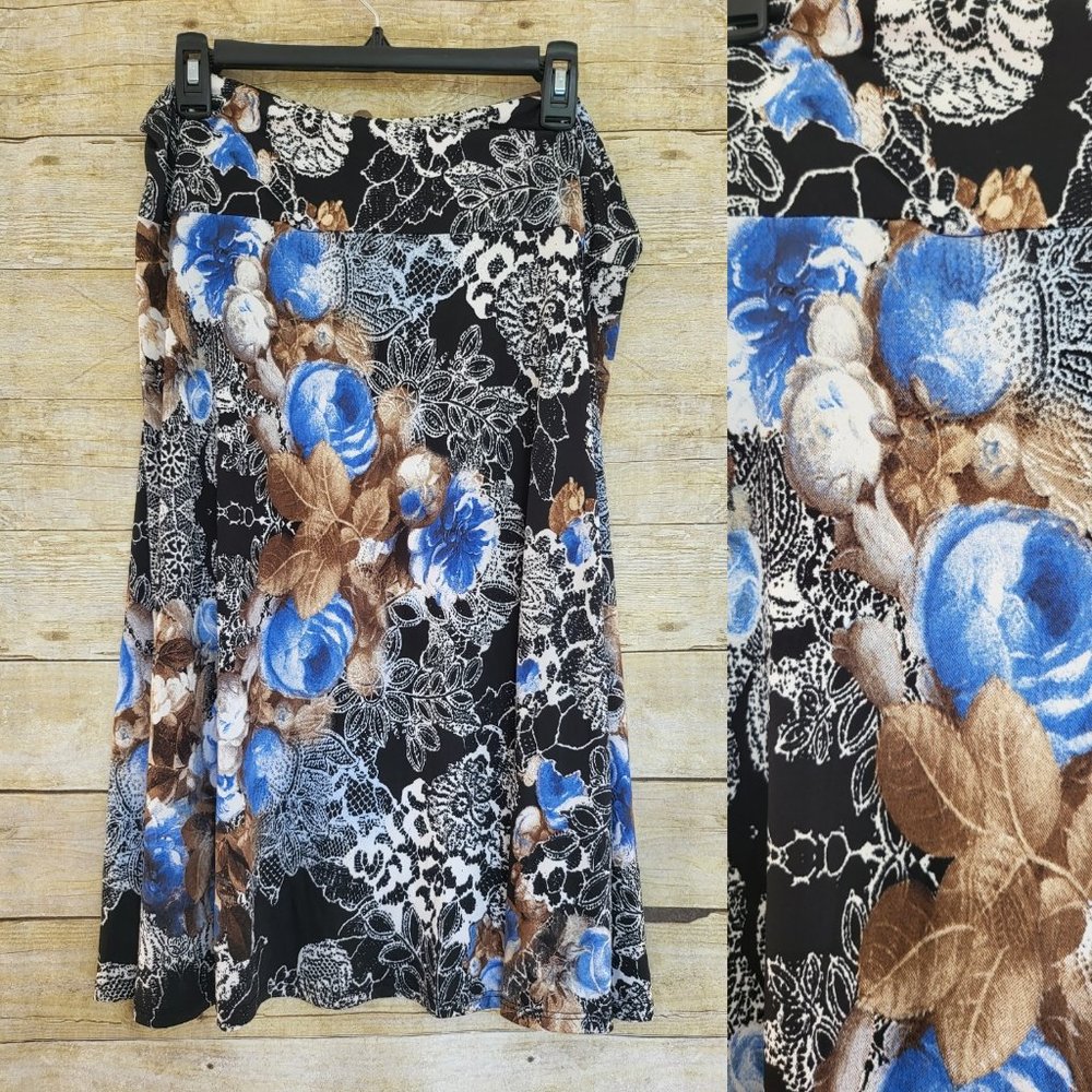 LuLaRoe Azure Skirt 2XL - Blue, Brown & White Floral on Black Floral